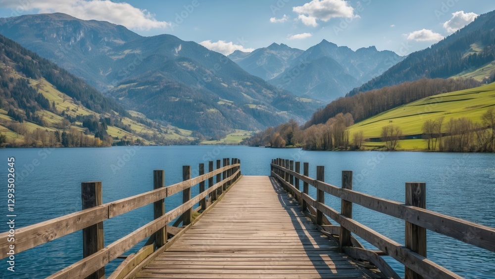 Serene Mountain Landscape with Wooden Pier Over Tranquil Lake and Lush Green Fields Under Clear Blue Sky Serene Mountain Landscape with Wooden Pier Over Tranquil Lake and Lush Green Fields Under Clear Blue Sky