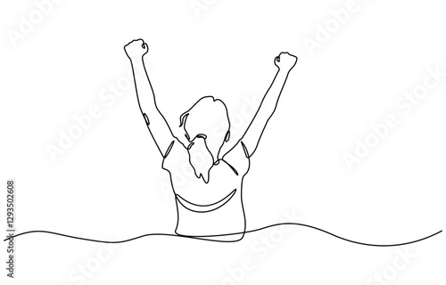Continuous line art or One Line Drawing of a woman stretching arms is relaxing, One line continuous drawing. Person stretching arms as symbol of freedom and openness to peace.