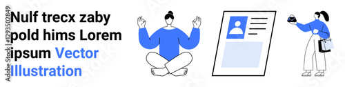 Person meditating cross-legged, digital profile card representation, and individual carrying a coffee cup. Ideal for meditation, productivity, workflow, profile management, balance, work-life