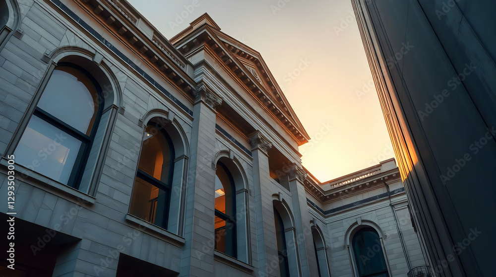 Obraz premium Classic Architectural Building with Symmetrical Design, Arched Windows, Ornate Cornices, and Triangular Pediment in Warm Golden Light