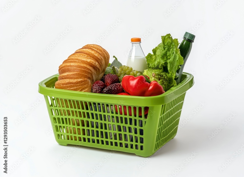 Green grocery shopping basket full of food and groceries, isolated on a white background, front view. Green plastic supermarket basket 