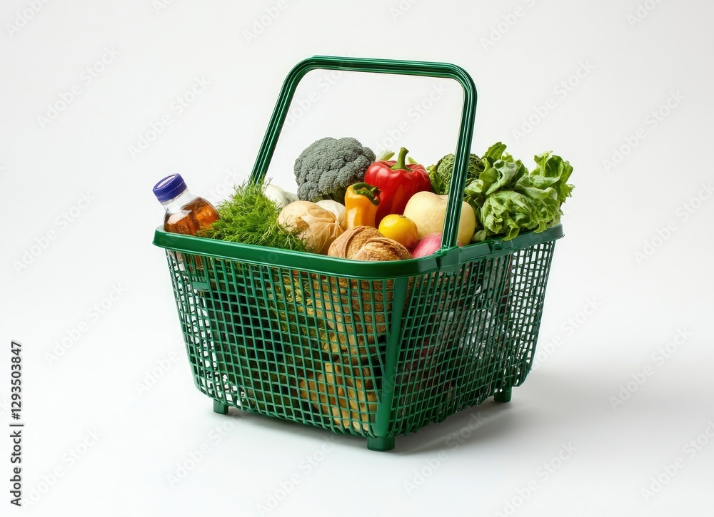 Green grocery shopping basket full of food and groceries, isolated on a white background, front view. Green plastic supermarket basket 