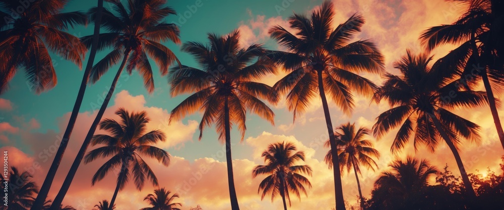 Tropical sunset with silhouetted palm trees creating a serene coastal atmosphere against a vibrant sky in warm colors. Tropical sunset with silhouetted palm trees creating a serene coastal atmosphere against a vibrant sky in warm colors.