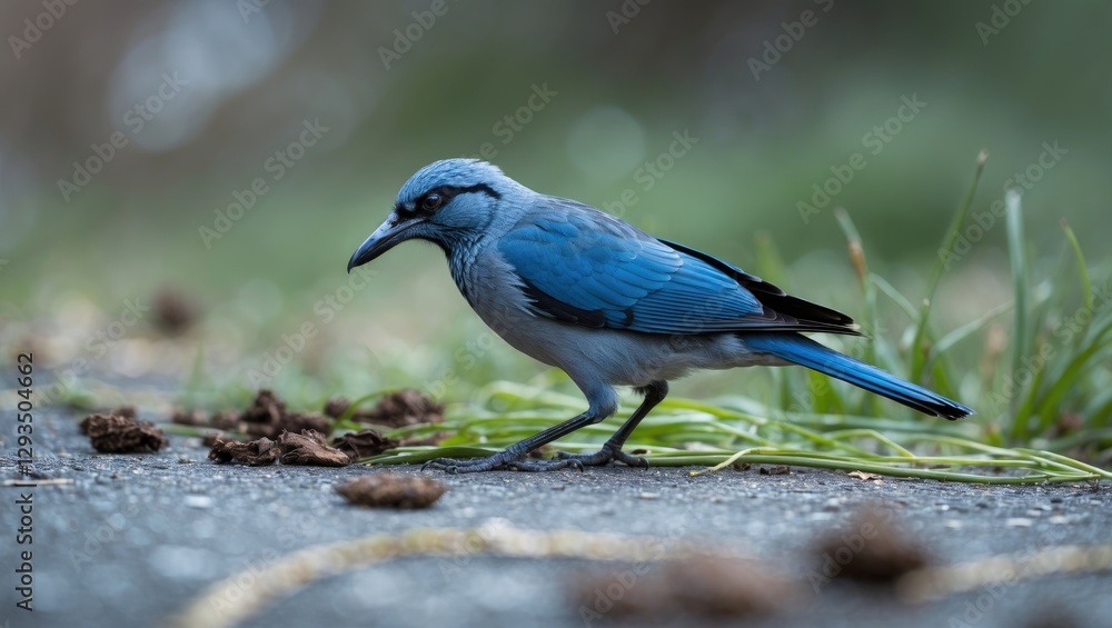 Fototapeta premium Blue bird foraging on grass in soft focus, showcasing its vibrant plumage and natural habitat in a serene outdoor setting.