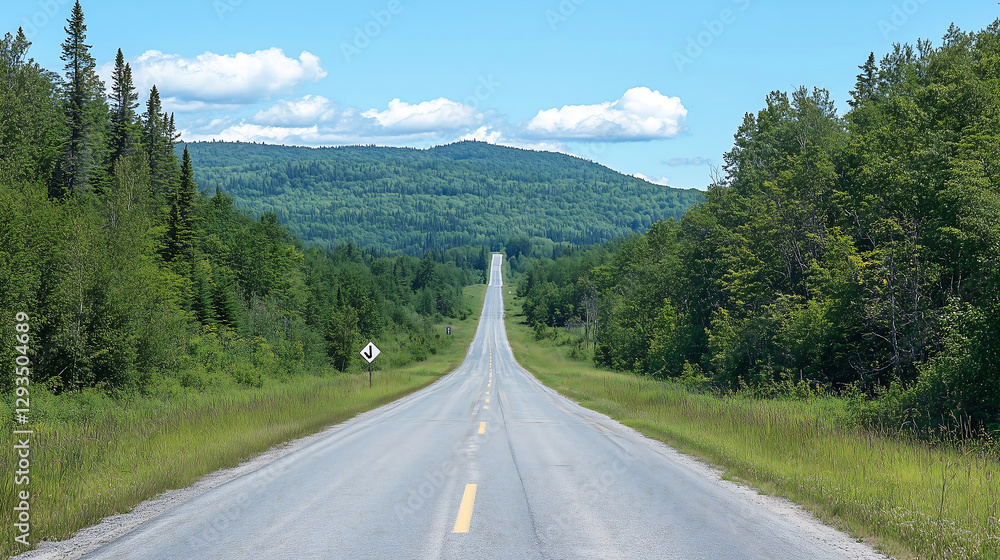Fototapeta premium Scenic Winding Road Through Green Forest – Travel, Adventure, and Nature Landscape perfect for travel blogs, road trip websites, adventure photography, nature-themed content, wallpapers, stock photogr