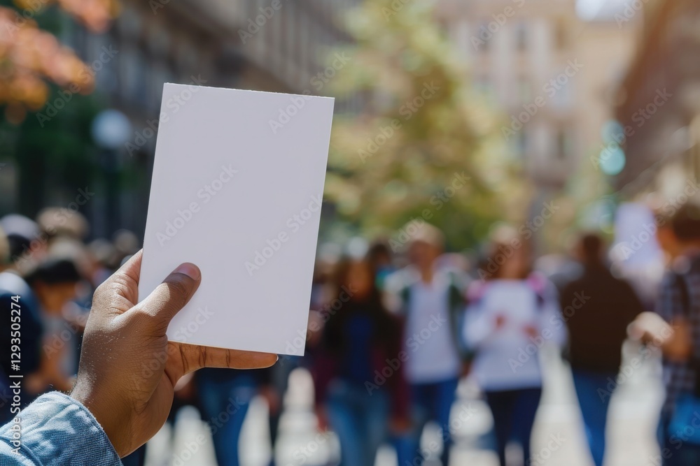Hand Holding Blank Card in Busy Urban Setting with People Hand Holding Blank Card in Busy Urban Setting with People