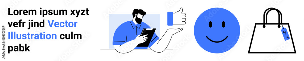 Person interacting with a tablet, thumbs-up gesture, smiling face, and shopping bag symbolizing feedback, customer satisfaction, e-commerce, branding, decision-making marketing and sales. Ideal Person interacting with a tablet, thumbs-up gesture, smiling face, and shopping bag symbolizing feedback, customer satisfaction, e-commerce, branding, decision-making marketing and sales. Ideal