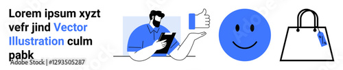 Person interacting with a tablet, thumbs-up gesture, smiling face, and shopping bag symbolizing feedback, customer satisfaction, e-commerce, branding, decision-making marketing and sales. Ideal