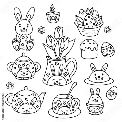 Outline Cute Easter spring bunny decoration linear drawing doodle. Isolated holiday tableware teapot, cups, sugar bowl, jug with bouquet tulips with rabbit decor, paschal eggs. Vector illustration