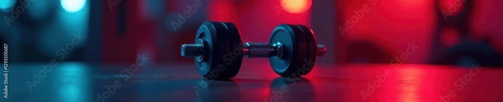 Fototapeta premium Black dumbbell sharp focus, blurred red blue backdrop , muscle building, workout