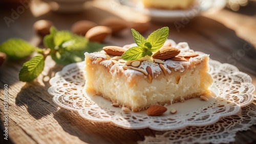 A delicious slice of creamy cheesecake garnished with whole almonds and fresh mint leaves sits on a delicate lace doily. The dessert is beautifully lit by natural sunlight