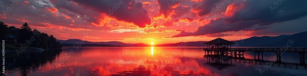 Dramatic sunset over Keswick Lake, Ashness Jetty silhouette against fiery sky , travel, lake district Dramatic sunset over Keswick Lake, Ashness Jetty silhouette against fiery sky , travel, lake district
