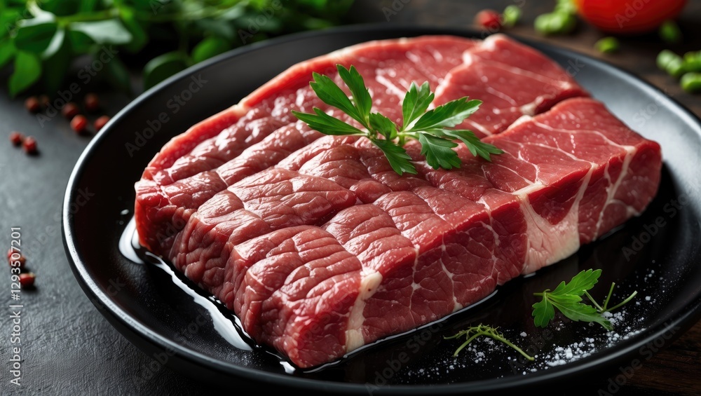 Raw beef steak presented on a black dish garnished with fresh herbs showcasing its rich color and texture in a culinary setting. Raw beef steak presented on a black dish garnished with fresh herbs showcasing its rich color and texture in a culinary setting.