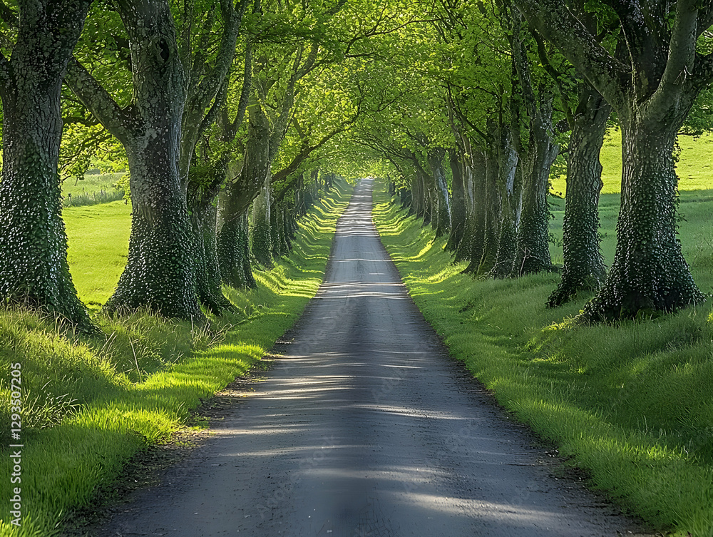Lush Green Tree Lined Road, Realistic Nature Image Lush Green Tree Lined Road, Realistic Nature Image
