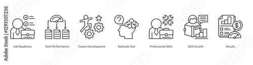 Hard Skills Testing Icon Sheet job readiness, task performance, career development, aptitude test, results, professional skills, skill growth