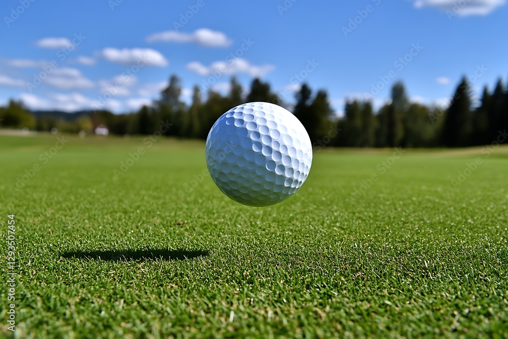 Golf ball hovering, green course, sunny day Golf ball hovering, green course, sunny day