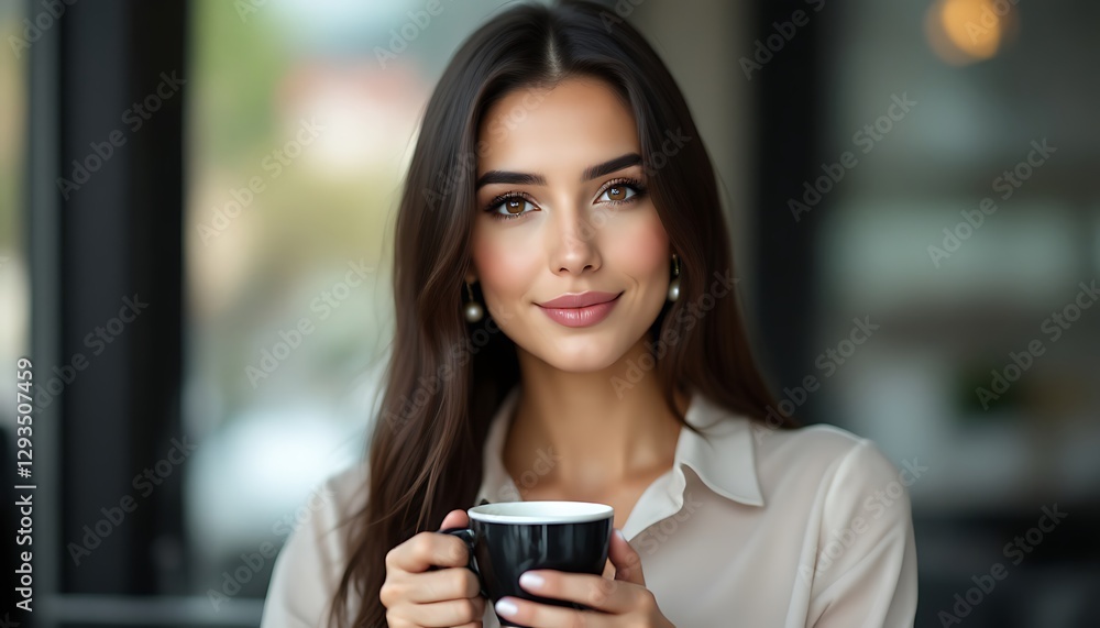 Serene Woman with Coffee: A Portrait of Calm Elegance Serene Woman with Coffee: A Portrait of Calm Elegance