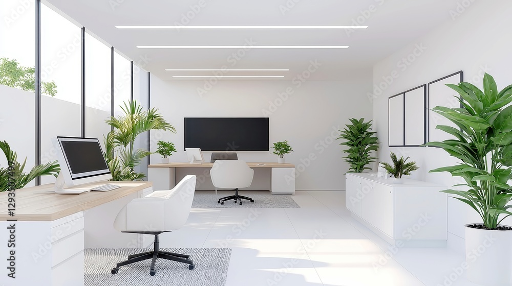 Fototapeta premium Bright and Airy Modern Office Design, featuring expansive windows and skylights that enhance productivity and well-being in a spacious and inviting work environment