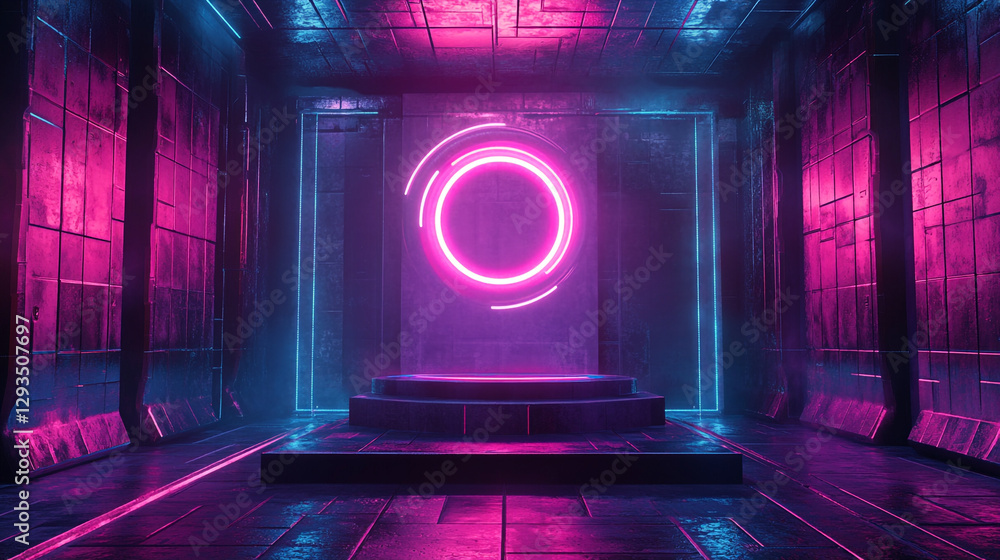 Futuristic neon pink and blue glowing circle cyberpunk room background 3d dark wall light style space Futuristic neon pink and blue glowing circle cyberpunk room background 3d dark wall light style space