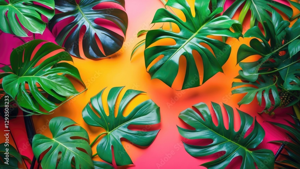 Vibrant Monstera leaves flat lay on colorful gradient background for trendy summer decor and indoor plant aesthetics Vibrant Monstera leaves flat lay on colorful gradient background for trendy summer decor and indoor plant aesthetics