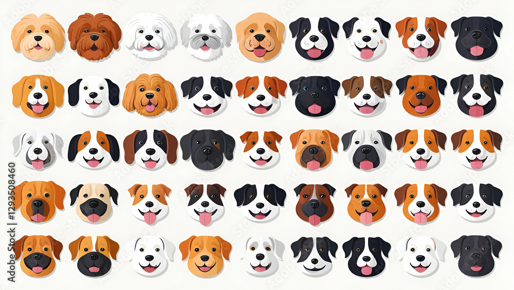 A playful assortment of cartoon dog portraits in vector format. Showcasing a variety of breeds with distinct expressions, cute muzzles, and friendly pet profile icons. Ideal for stickers, logos, and d A playful assortment of cartoon dog portraits in vector format. Showcasing a variety of breeds with distinct expressions, cute muzzles, and friendly pet profile icons. Ideal for stickers, logos, and d