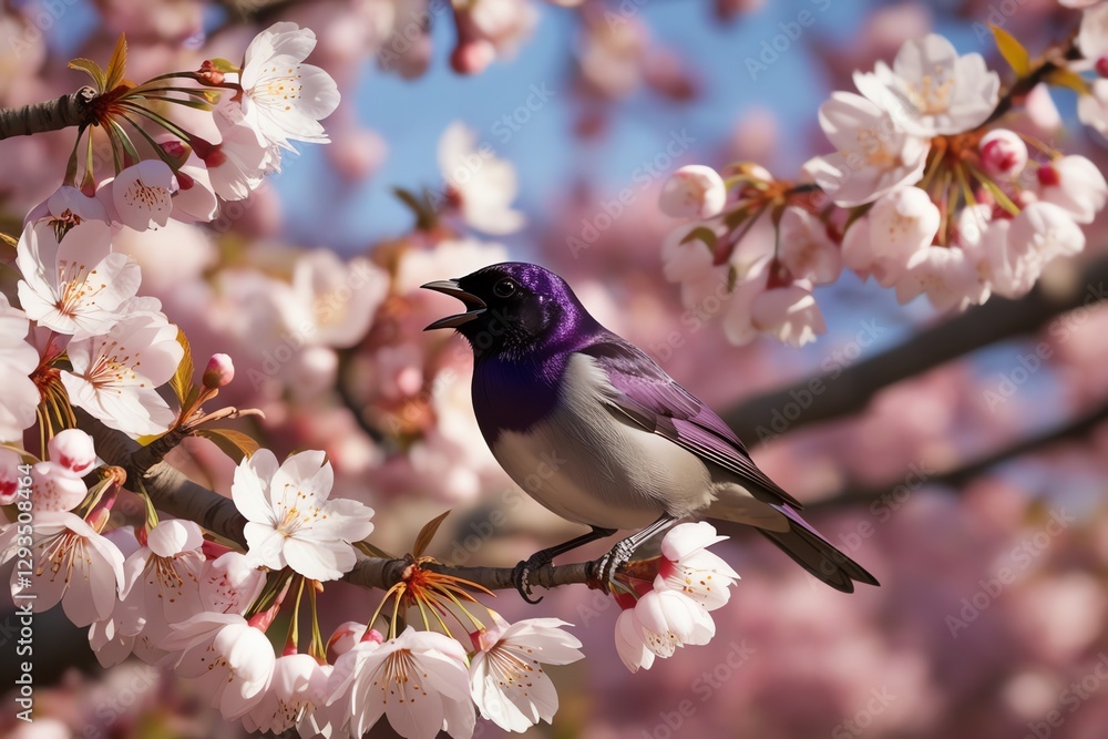 Fototapeta premium Violet-backed Starling in the Blossom Canopy