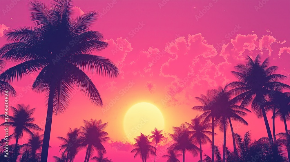 A vaporwave sunset with palm trees silhouetted against pink skies. A vaporwave sunset with palm trees silhouetted against pink skies.