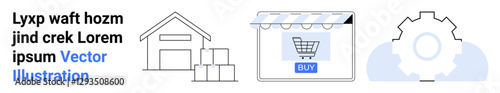 Warehouse with stacked boxes, an online shopping cart on a storefront, and a gear symbol. Ideal for e-commerce, logistics, supply chain, automation, technology, online purchase flat landing page