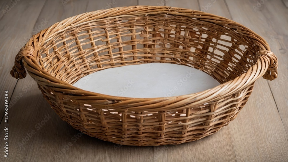Empty Wicker Bread Basket on Wooden Surface with Natural Textures and Soft Lighting Ideal for Culinary and Rustic Themes Empty Wicker Bread Basket on Wooden Surface with Natural Textures and Soft Lighting Ideal for Culinary and Rustic Themes