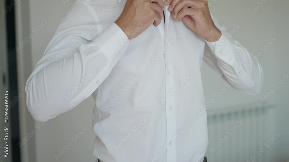 man buttoning a white dress shirt in a bright minimalistic room man buttoning a white dress shirt in a bright minimalistic room