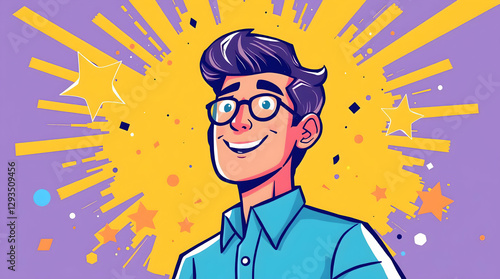 Cheerful Cartoon Character with Glasses and Blue Shirt Amidst Dynamic Burst of Stars and Energetic Purple Background