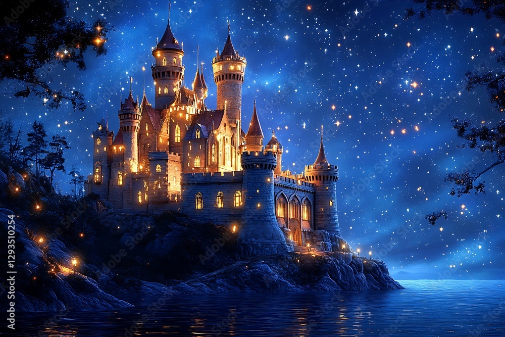 Fototapeta premium The Illuminated Castle Perched Upon a Sparkling Nighttime Coast
