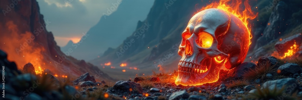Fiery Celtic tri-skull in a mystical landscape, Paganism, Landscape, Flames Fiery Celtic tri-skull in a mystical landscape, Paganism, Landscape, Flames