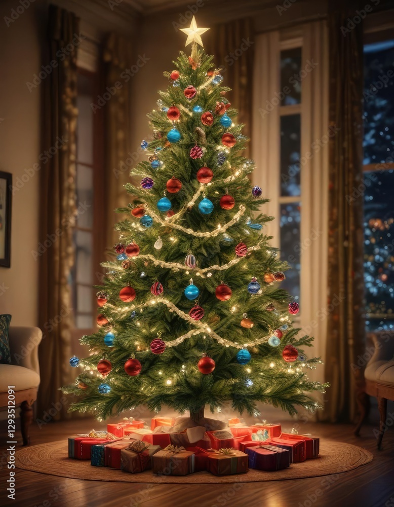Twinkling lights and ornaments decorate a stunning Christmas tree with a magical glow, mystical scene, shimmering, sparkling Twinkling lights and ornaments decorate a stunning Christmas tree with a magical glow, mystical scene, shimmering, sparkling