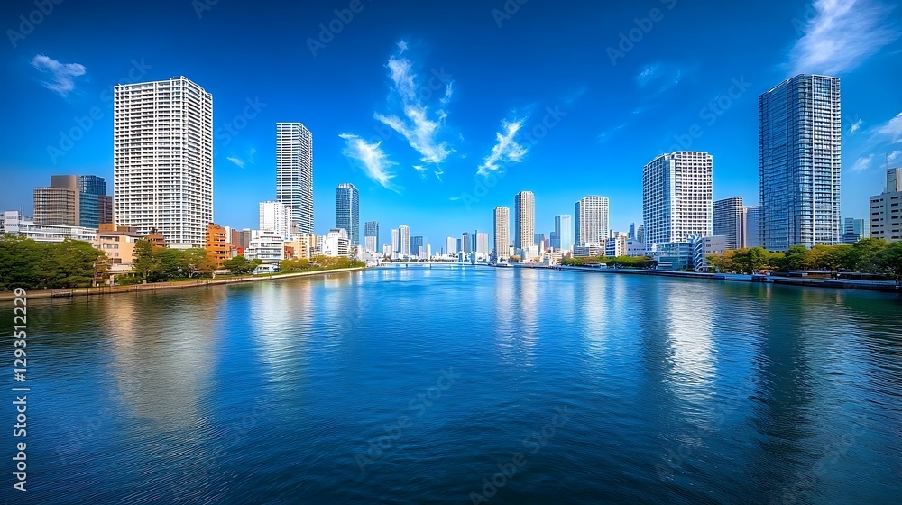 Fototapeta premium Cityscape, river reflection, sunny day, urban background, travel