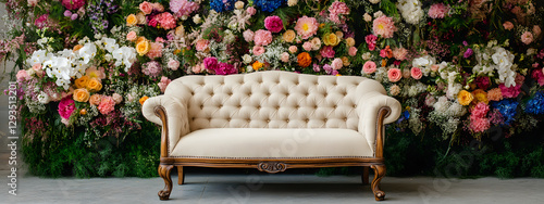 A vintage sofa with soft, velvety fabric and elegant wooden legs sits in front of an array of colorful flowers
