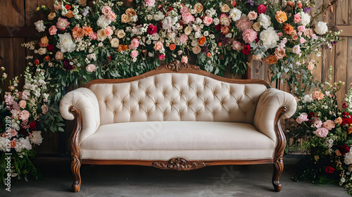 A vintage sofa with soft, velvety fabric and elegant wooden legs sits in front of an array of colorful flowers
