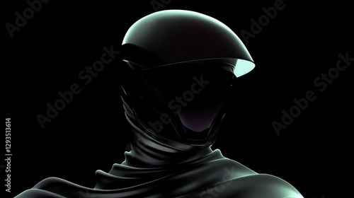Silhouette of mysterious figure with sleek helmet and glowing vi