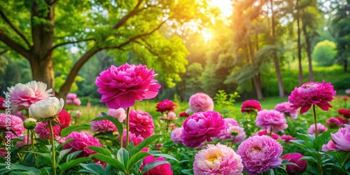 Fototapeta Naklejka Na Ścianę i Meble -  Vibrant peony flowers in a lush green garden surrounded by tall trees and colorful foliage, botanical, blooming, blossoms, foliage, peonies