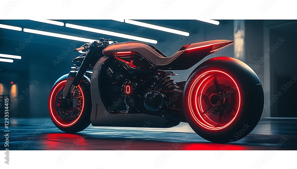 Sleek modern motorcycle illuminated with bright red neon lights