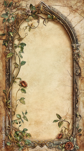 Ornate illuminated manuscript-style border intricate floral vines medieval botanical elements parchment nature background cottagecore rich colors, delicate fairy-tale flower garden copy space