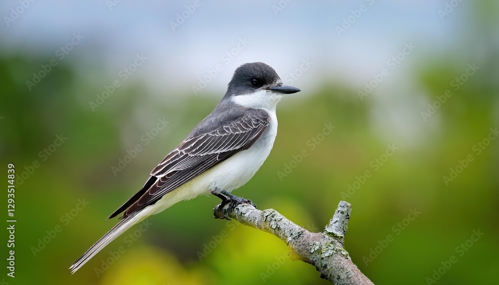 Vivid Vireo Eastern Kingbird Perched Majestically on a Gnarled Branch, Amidst Lush Green Tropical Rainforest Canopy, Beneath Azure Skies Filled with Dappled Sunlight. Vivid Vireo Eastern Kingbird Perched Majestically on a Gnarled Branch, Amidst Lush Green Tropical Rainforest Canopy, Beneath Azure Skies Filled with Dappled Sunlight.