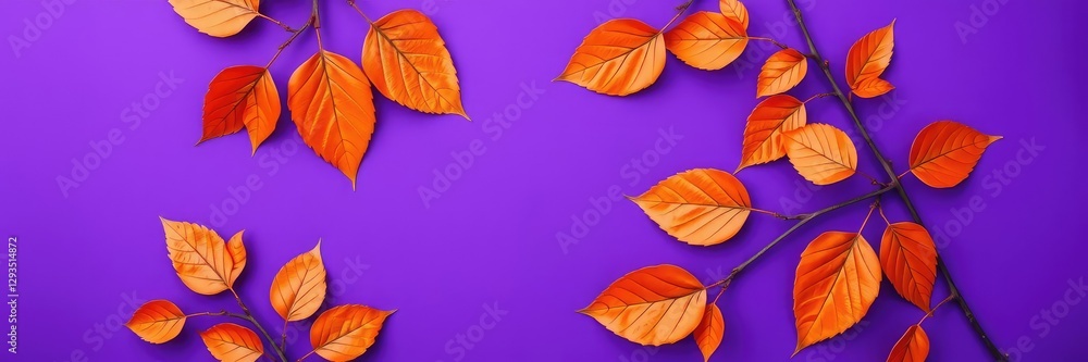 Obraz premium Violet background with orange metallic leaves, dried flowers, violet background