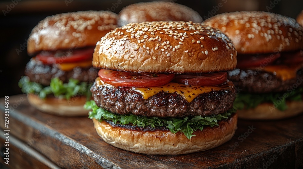 A table with 100 hamburgers. Make the burgers look like a standard cheese burger, with a simple design. A view from in front of the table should be used. Make sure they are piled high rather than neat A table with 100 hamburgers. Make the burgers look like a standard cheese burger, with a simple design. A view from in front of the table should be used. Make sure they are piled high rather than neat