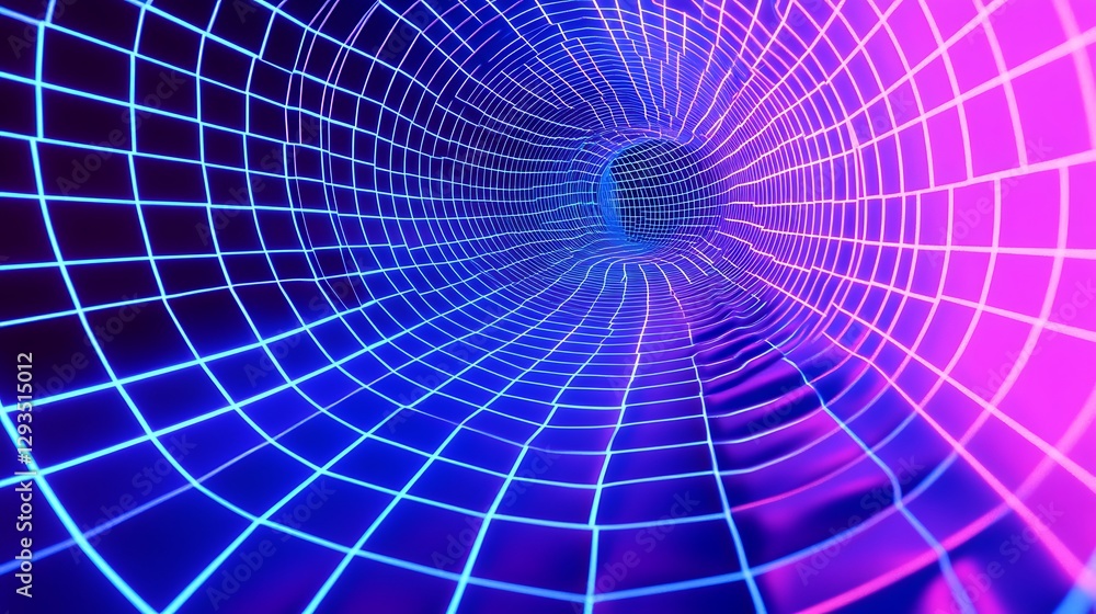 Fototapeta premium Neon Grid Tunnel Digital Art Abstract Background