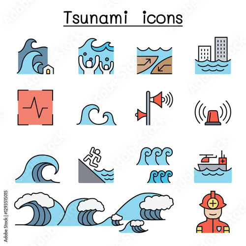 Tsunami & Storm icons set in thin line style