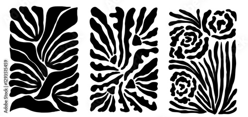Set of groovy floral botanical black background in trendy naive retro hippie 60s 70s style. Vertical poster with silhouette abstract wavy flower