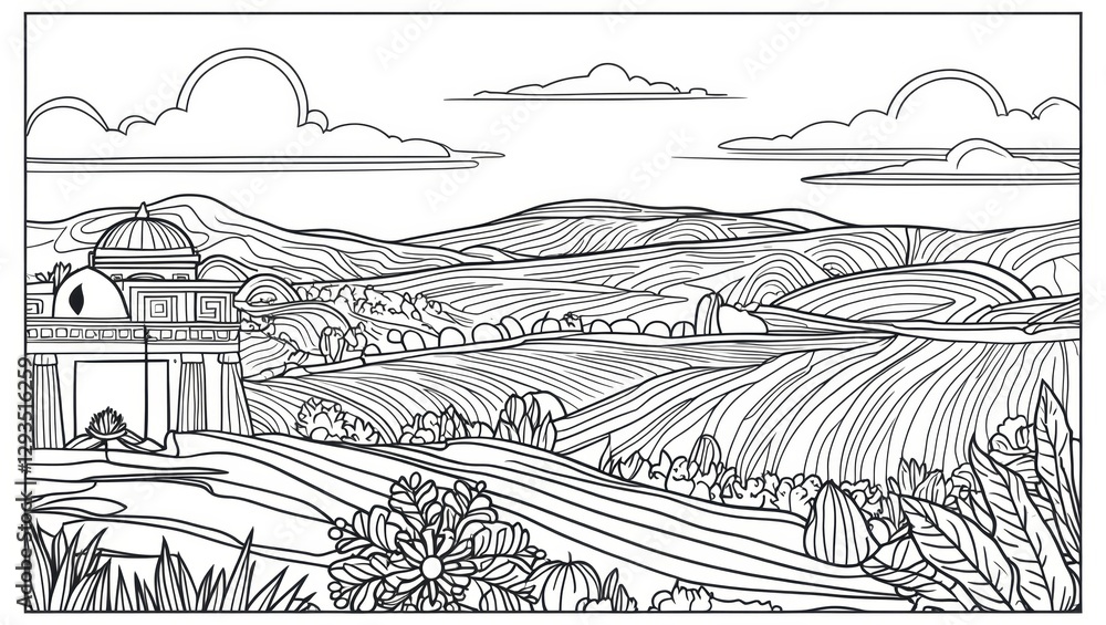Fototapeta premium Tranquil Temple Landscape. Line Drawing of Rolling Hills, Clouds and Classic Temple with Dome for Coloring Book