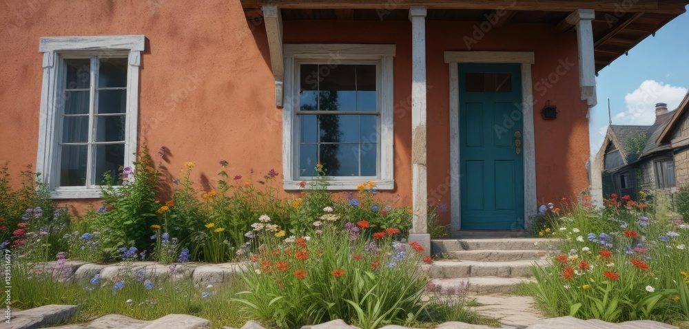 Weeds and wildflowers bloom in front of empty house, empty house, abandoned, wildflowers Weeds and wildflowers bloom in front of empty house, empty house, abandoned, wildflowers