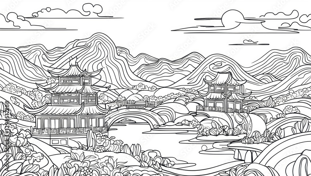 Obraz premium Black White Eastern Landscape with Pagodas and Mountains Outline Drawing